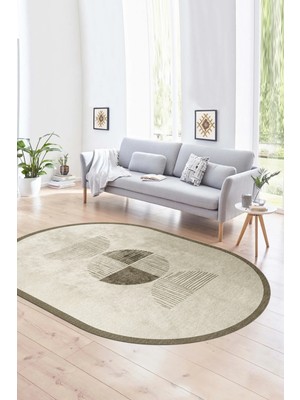 Napoli Home Dijital Kaymaz Yıkanabilir Modern Desen Oval Yolluk Mutfak Salon Halısı, N-O-Modern-94-Vizon,
