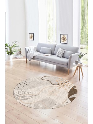 Napoli Home Dijital Kaymaz Taban Yıkanabilir Modern Desen Yuvarlak Mutfak Salon Halısı, N-Y-Modern-79-Vizon,