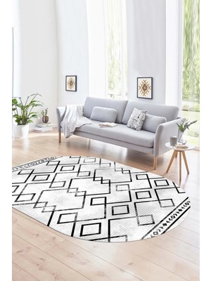 Napoli Home Dijital Kaymaz Yıkanabilir Modern Desen Oval Yolluk Mutfak Salon Halısı, N-O-Modern-91-Siyah,