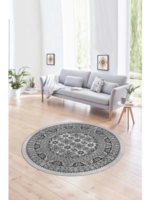 Napoli Home Dijital Kaymaz Taban Yıkanabilir Modern Desen Yuvarlak Mutfak Salon Halısı, N-Y-MODERN-113-GRİ,
