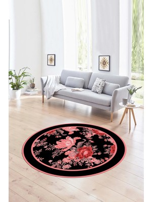 Napoli Home Dijital Kaymaz Taban Yıkanabilir Modern Desen Yuvarlak Mutfak Salon Halısı, N-Y-Modern-16-Pembe,