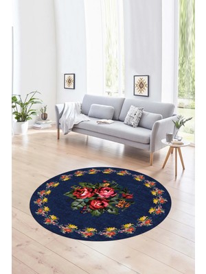 Napoli Home Dijital Kaymaz Taban Yıkanabilir Modern Desen Yuvarlak Mutfak Salon Halısı, N-Y-Modern-20-Mavi,