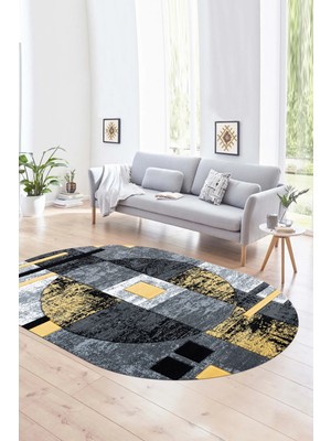 Napoli Home Dijital Kaymaz Yıkanabilir Modern Desen Oval Yolluk Mutfak Salon Halısı, N-O-Modern-33-Sarı,
