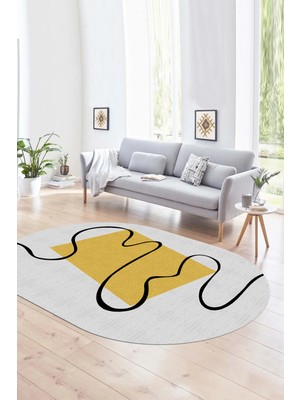 Napoli Home Dijital Kaymaz Yıkanabilir Modern Desen Oval Yolluk Mutfak Salon Halısı, N-O-Modern-61-Sarı,
