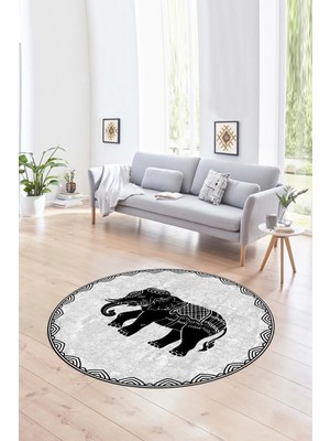 Napoli Home Dijital Kaymaz Taban Yıkanabilir Modern Desen Yuvarlak Mutfak Salon Halısı, N-Y-MODERN-101-GRİ,