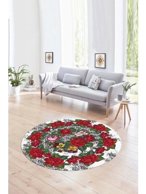 Napoli Home Dijital Kaymaz Taban Yıkanabilir Modern Desen Yuvarlak Mutfak Salon Halısı, N-Y-Modern-21-Beyaz,