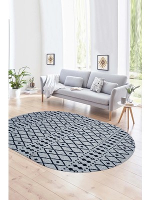 Napoli Home Dijital Kaymaz Yıkanabilir Modern Desen Oval Yolluk Mutfak Salon Halısı, N-O-Modern-84-Lacivert,