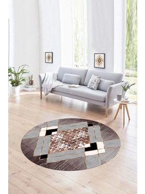 Napoli Home Dijital Kaymaz Taban Yıkanabilir Modern Desen Yuvarlak Mutfak Salon Halısı, N-Y-Modern-12-Bordo,
