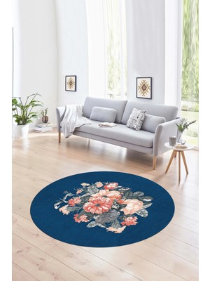 Napoli Home Dijital Kaymaz Taban Yıkanabilir Modern Desen Yuvarlak Mutfak Salon Halısı, N-Y-Modern-35-Mavi,