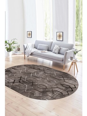 Napoli Home Dijital Kaymaz Yıkanabilir Modern Desen Oval Yolluk Mutfak Salon Halısı, N-O-Modern-90-Vizon,