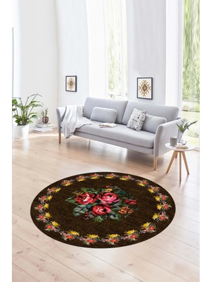 Napoli Home Dijital Kaymaz Taban Yıkanabilir Modern Desen Yuvarlak Mutfak Salon Halısı, N-Y-Modern-20-Kahve,