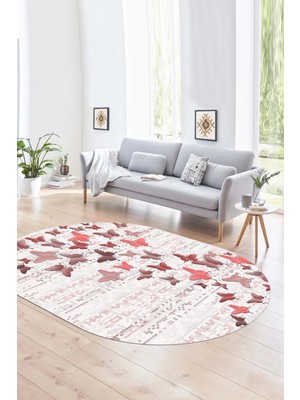 Napoli Home Dijital Kaymaz Yıkanabilir Modern Desen Oval Yolluk Mutfak Salon Halısı, N-O-Modern-42-Pembe,