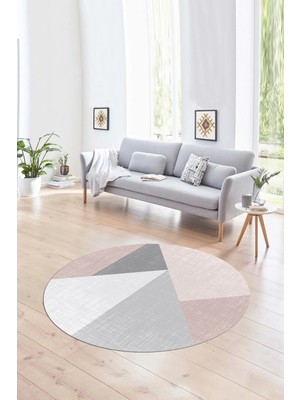 Napoli Home Dijital Kaymaz Taban Yıkanabilir Modern Desen Yuvarlak Mutfak Salon Halısı, N-Y-Modern-38-Pembe,