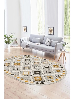 Napoli Home Dijital Kaymaz Yıkanabilir Modern Desen Oval Yolluk Mutfak Salon Halısı, N-O-Modern-60-Sarı,