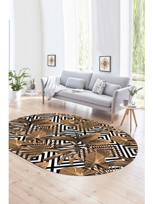 Napoli Home Dijital Kaymaz Yıkanabilir Modern Desen Oval Yolluk Mutfak Salon Halısı, N-O-MODERN-100-KAHVE,