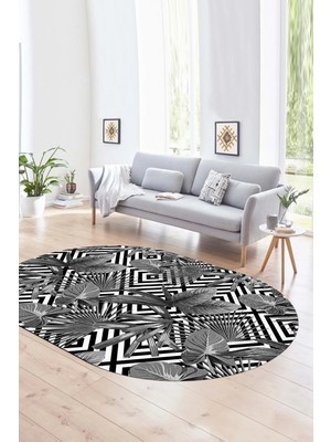 Napoli Home Dijital Kaymaz Yıkanabilir Modern Desen Oval Yolluk Mutfak Salon Halısı, N-O-MODERN-100-GRİ,