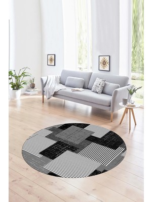 Napoli Home Dijital Kaymaz Taban Yıkanabilir Modern Desen Yuvarlak Mutfak Salon Halısı, N-Y-Modern-47-Gri,