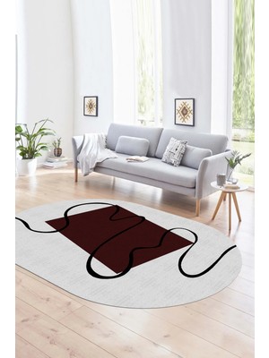 Napoli Home Dijital Kaymaz Yıkanabilir Modern Desen Oval Yolluk Mutfak Salon Halısı, N-O-Modern-61-Bordo,