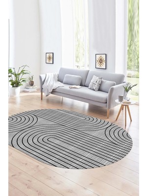 Napoli Home Dijital Kaymaz Yıkanabilir Modern Desen Oval Yolluk Mutfak Salon Halısı, N-O-MODERN-110-GRİ,