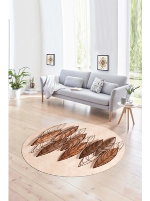 Napoli Home Dijital Kaymaz Taban Yıkanabilir Modern Desen Yuvarlak Mutfak Salon Halısı, N-Y-Modern-08-Kahve,