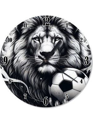 Karizma Tablo Siyah Beyaz Aslan ve Futbol Topu Baskılı Duvar Saati