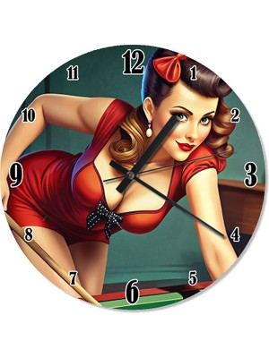 Tablomega Bilardo Oynayan Esmer Kadın Baskılı Duvar Saati