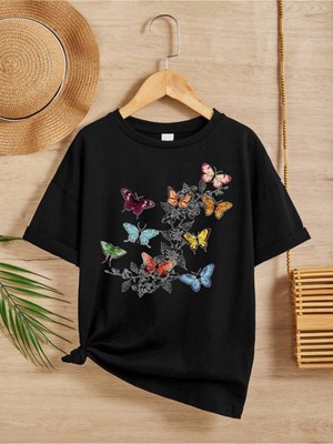 Hanclo Siyah Pamuklu Baskılı Çocuk T-Shirt Kısa Kol Erkek Çocuk Günlük Stil Grafik Desenli