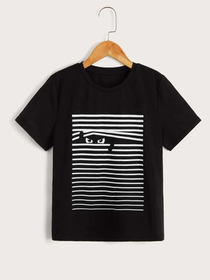 Hanclo Rahat Kalıp Pamuklu Çizgili Kedi Baskılı Çocuk T-Shirt