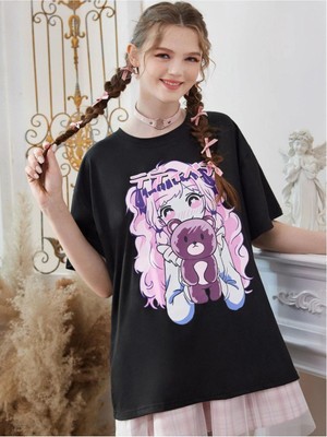 Hanclo Pembe Anime Baskılı Oversize Tshırt