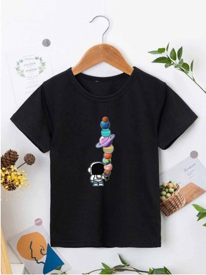 Hanclo Rahat Kalıp Pamuklu Baskılı Siyah Çocuk T-Shirt
