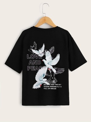 Hanclo Rahat Kalıp Pamuklu Beyaz Güvercin Baskılı Çocuk T-Shirt