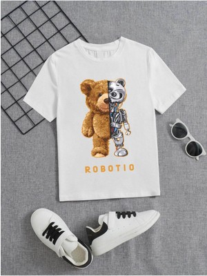 Hanclo Rahat Kalıp Pamuklu Baskılı Beyaz Çocuk T-Shirt