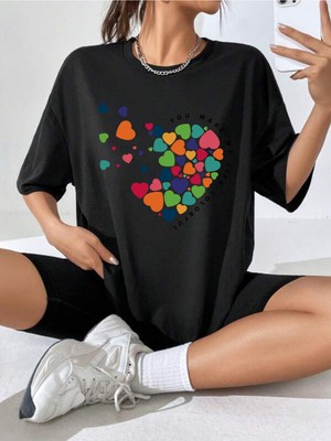 Hanclo Minicik Kalpler Baskılı Oversize Tshırt