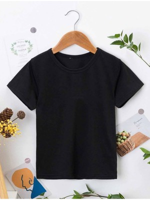 Hanclo Rahat Kalıp Pamuklu Düz Siyah Çocuk T-Shirt