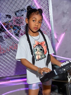 Hanclo Çocuk Oversize Tatlı Kedi Pamuklu Bisiklet Yaka T-Shirt