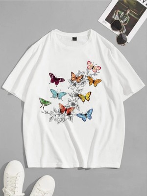 Hanclo Çok Çok Kelebek Baskılı Oversize Tshırt