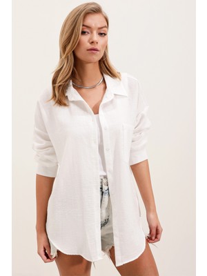 Bigdart 20153 Tek Cepli Oversize Keten Gömlek - Beyaz