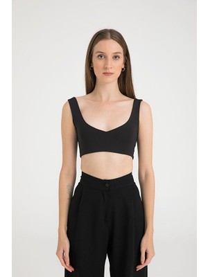 Sheismono Soft Touch V Yaka Crop Top Siyah