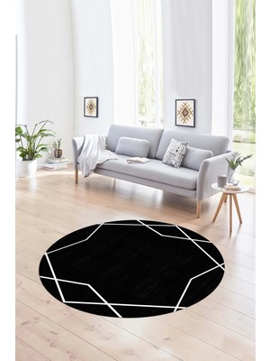 Napoli Home Dijital Kaymaz Taban Yıkanabilir Modern Desen Yuvarlak Mutfak Salon Halısı, N-Y-Modern-05-Siyah,