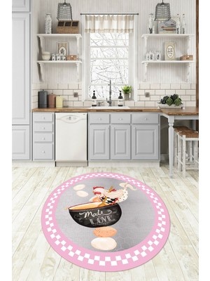 Napoli Home Dijital Baskılı Kaymaz Yıkanabilir Renkli Modern Yuvarlak Mutfak Halısı, N-Y-Mutfak-08-Pembe,