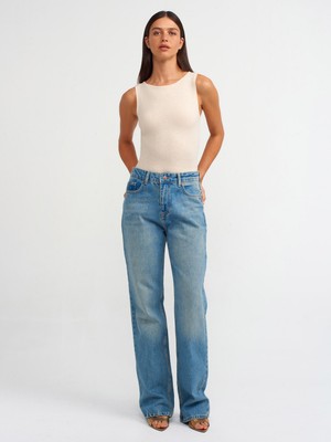 Dilvin 71466 Kendinden Tintli Straight Denim Pantolon-Mavi