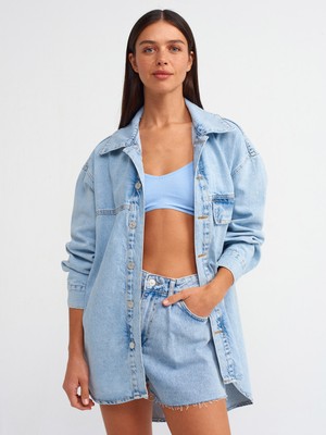 Dilvin 50721 Tek Cepli Oversize Denim Gömlek-Mavi