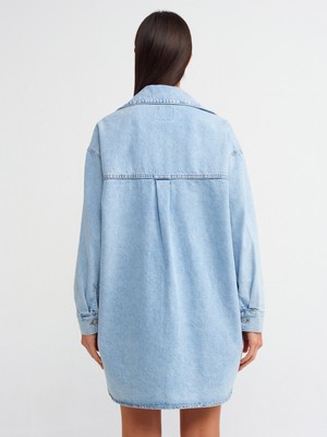 Dilvin 50721 Tek Cepli Oversize Denim Gömlek-Mavi