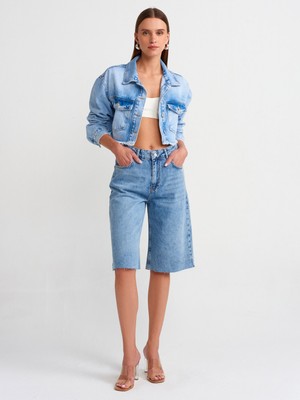 Dilvin 65347 Crop Denim Ceket-Mavi