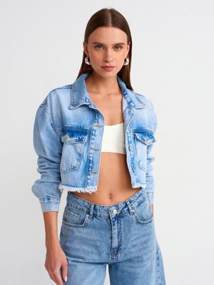 Dilvin 65347 Crop Denim Ceket-Mavi