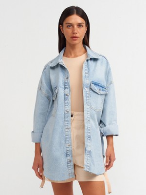 Dilvin 50720 Etek Ucu Dikişsiz Oversize Denim Gömlek-Mavi