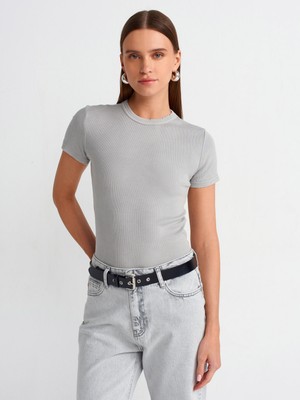 Dilvin 30457 Yıkama Efektli T-Shirt-Açık Gri