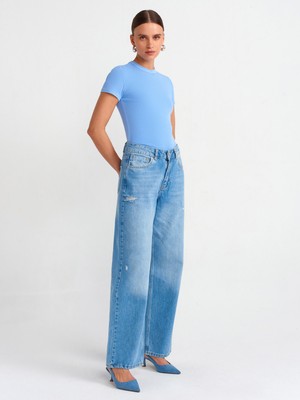 Dilvin 30457 Yıkama Efektli T-Shirt-Mavi