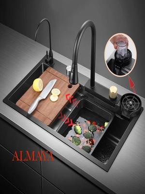 Almaya Tools Tezgah Üstten Bataryalı Akıllı Teknolojik 75*45 304 Paslanmaz Inox Eviye Seti 1 Milim