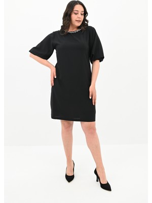 Koza Kadın Büyük Beden Yaka Taş Işlemeli Elbise 5211-24